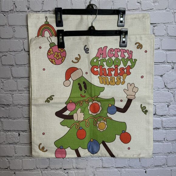 Groovy Christmas Merry and Bright 1970s Pillow Cover Set of 2 17.5 X 17.5 New - Picture 3 of 4